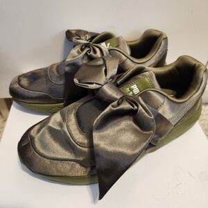 PUMA x FENTY by Rihanna Olive Green Satin w/Bow Sneakers Rare Pair Sz. 8/38.5